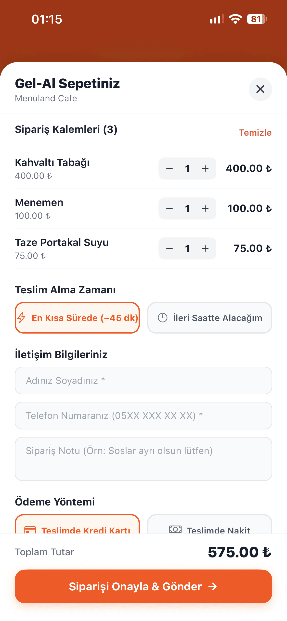 Menuland mobil uygulamasında Gel Al sipariş ve sepet onay ekranı
